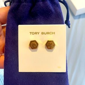 Tory Burch gold logo earrings with dust bag. Brand new